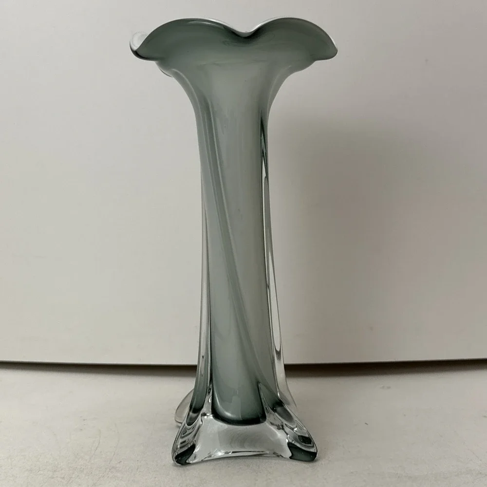 Flared White Cased Glass Vase Gray Accents Tall Twist Art Glass 8